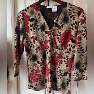 East 5th Floral V-Neck Women's Blouse in Red and Gold
